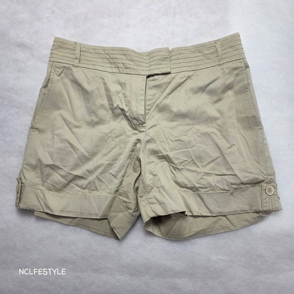 White House Black Market Khaki Chino Shorts Tan Cuffed Button Tab Size 8